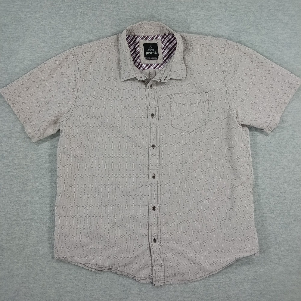 Prana Mens XL Gray Geometric Dobby Short Sleeve Organic Cotton Button Down Shirt